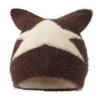 Coffee Color Knit Beanie Winter Hat with Cat Ears One Size Warm Unisex Hip Hop Style
