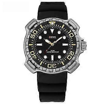 OFNS Men's Diving Watch - 5ATM Water Resistant, Black Rubber Strap, Stainless Steel Case - Luminous Markers for Night Time Use