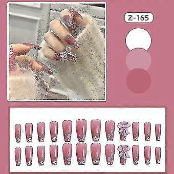 24 stks glossy roze valse nagels 3d boog bloem lange nep nagels voor vrouwen en meisjes