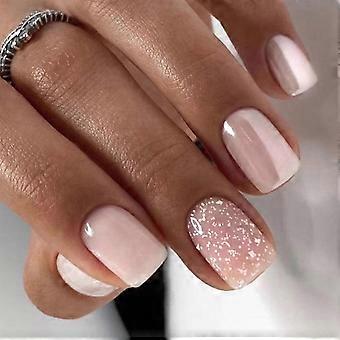 Short Square Pink Glitter Press On Nails Set for Women, Reusable Full Cover False Nail Kit, 24pcs