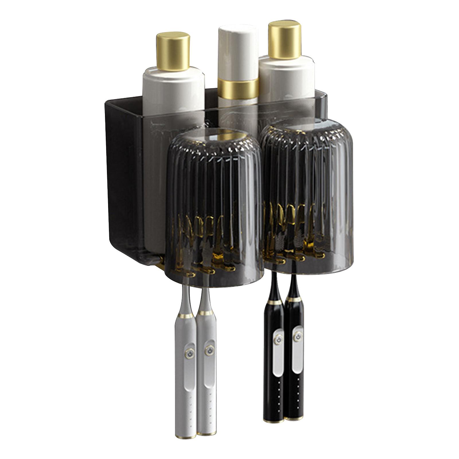 Wall Mounted Toothbrush Holder with 2 Cups, Black, Durable Plastic