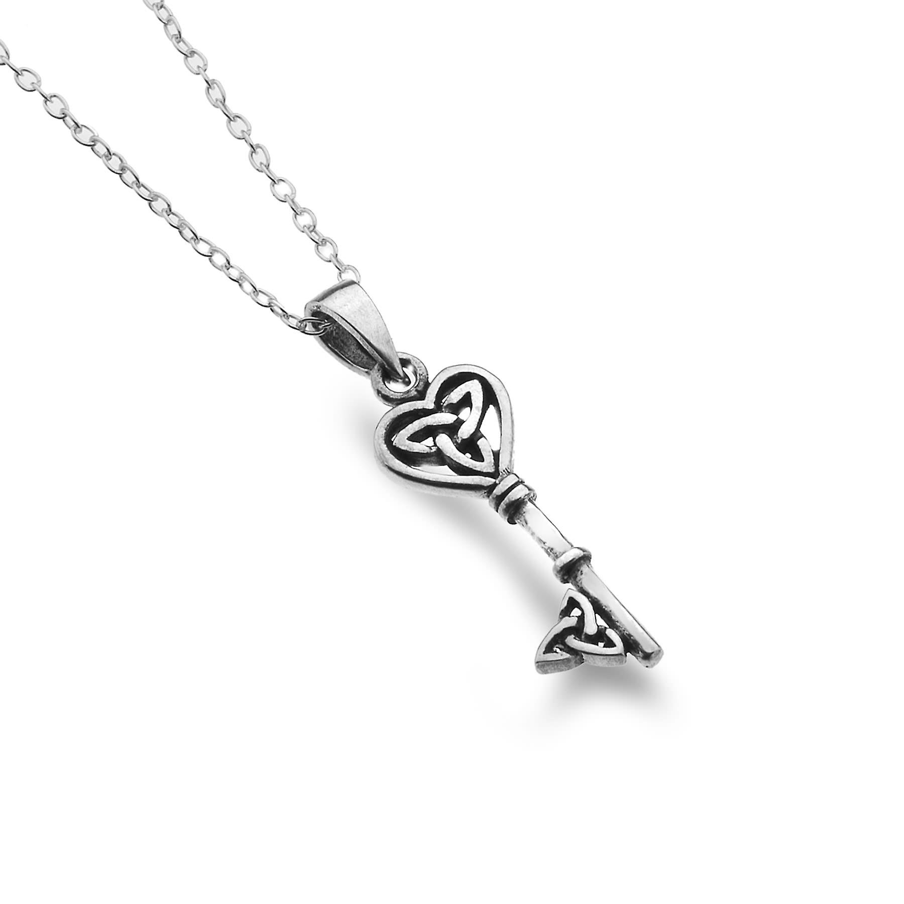 Sterling Silver Pendant Necklace - Celtic Heart + Key