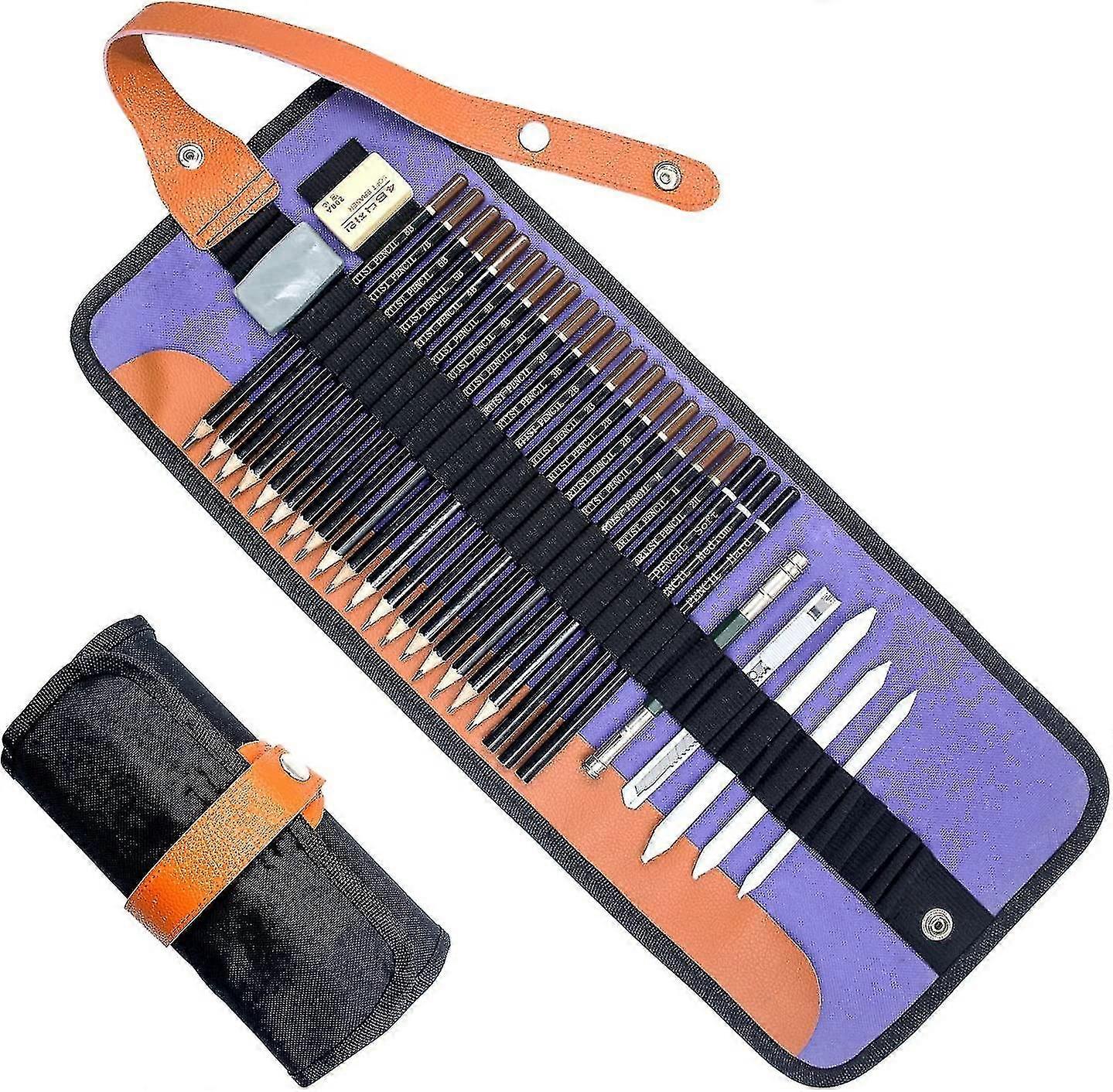 Drawing Pencils Set, Sketching Pencils Set, Art Set With Graphite Pencils, Charcoal Pencils, Blending Stumps, Pencil Extension Tool In Roll Up Case Fo