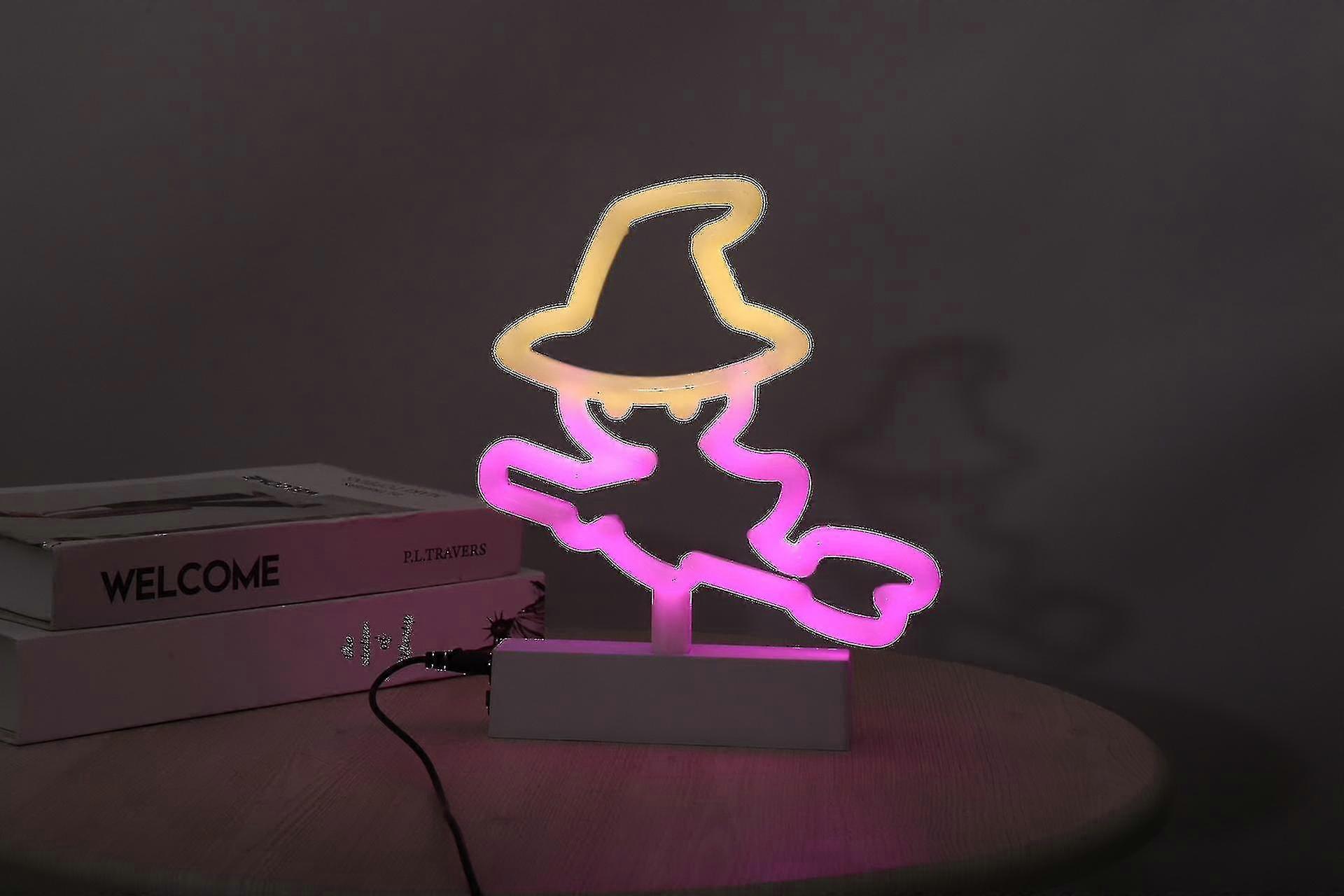 Led女巫霓虹灯，万圣节装饰灯，粉红黄色女巫霓虹灯标志，带电池和USB