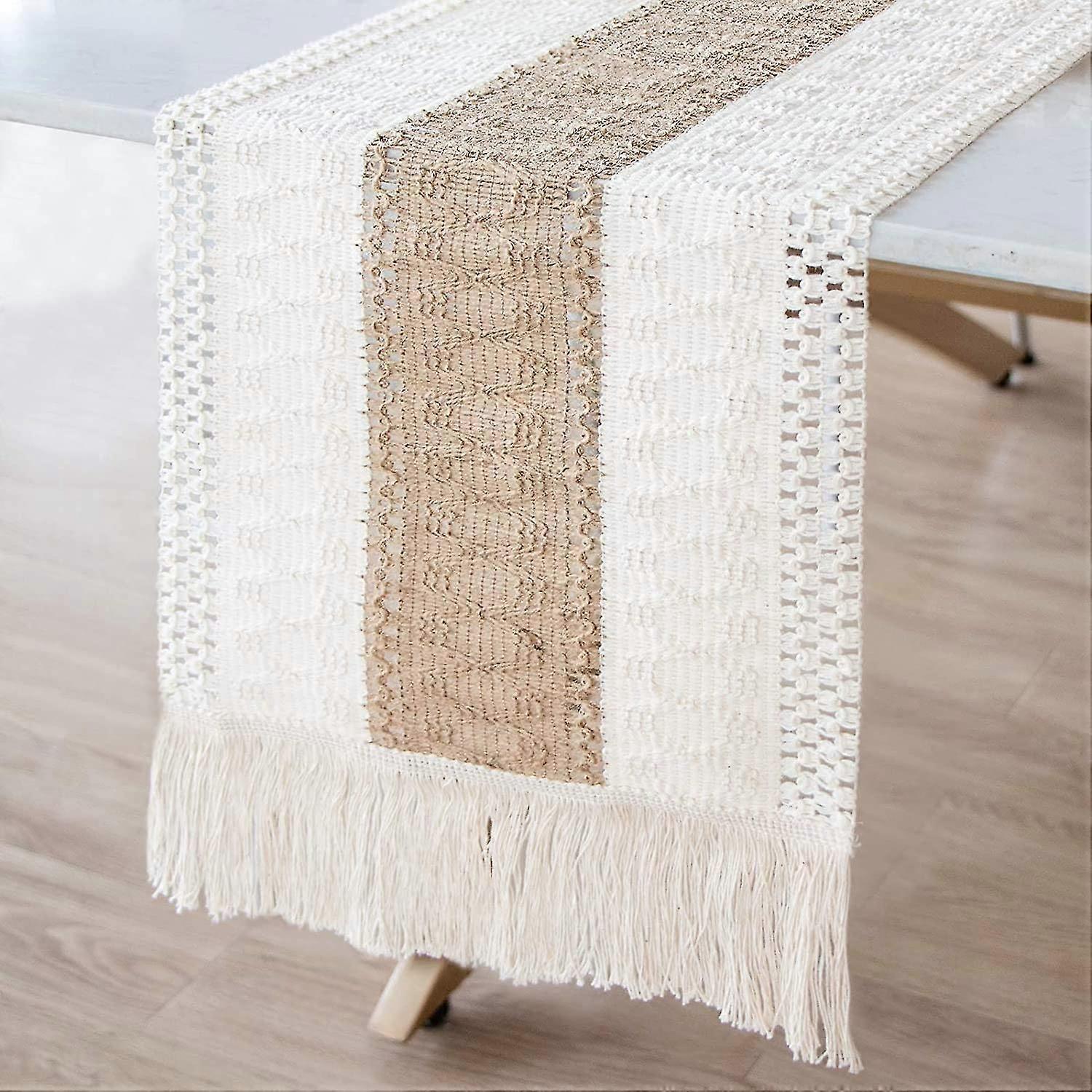 Macrame Table Runners Natural Burlap Table Runner, Splicing Cotton Boho Table Runner With Tasse