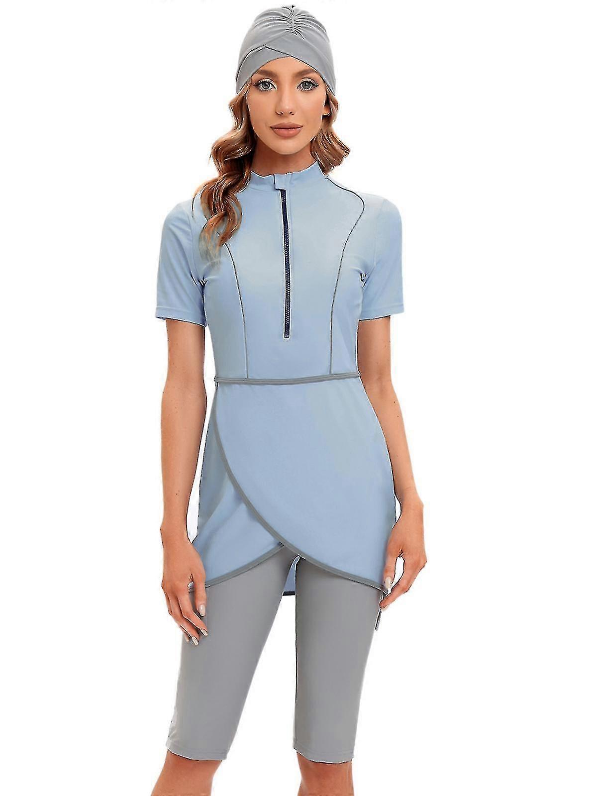 2023 جديد محصول قصير مسلم ملابس السباحة النسائية متواضعة مسلم ملابس السباحة بوركيني مع سحاب أمامي