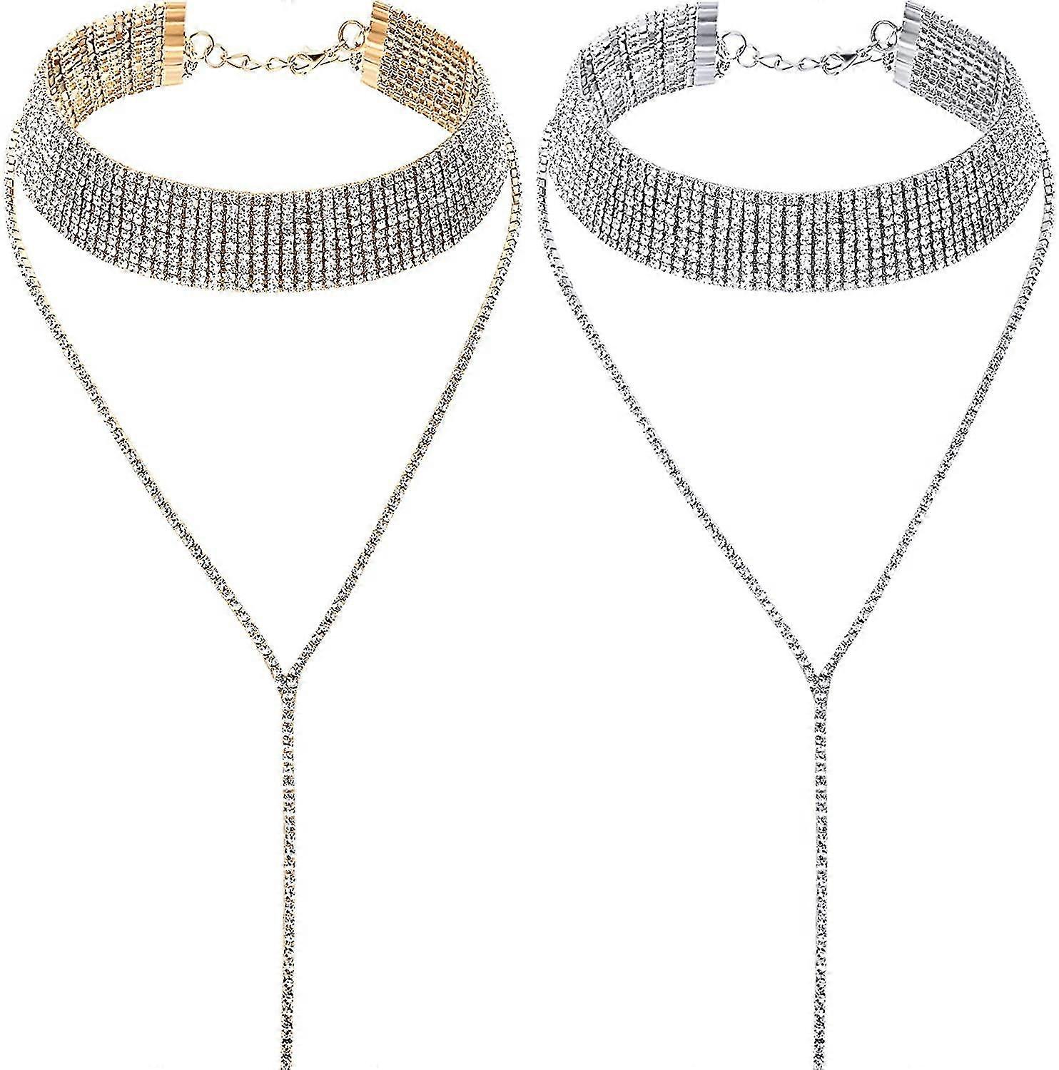 2枚ラインストーンタッセルチョーカーネックレスマルチレイヤーワイドカラーネックレス女性のためのタッセルチェーンネックレス好き