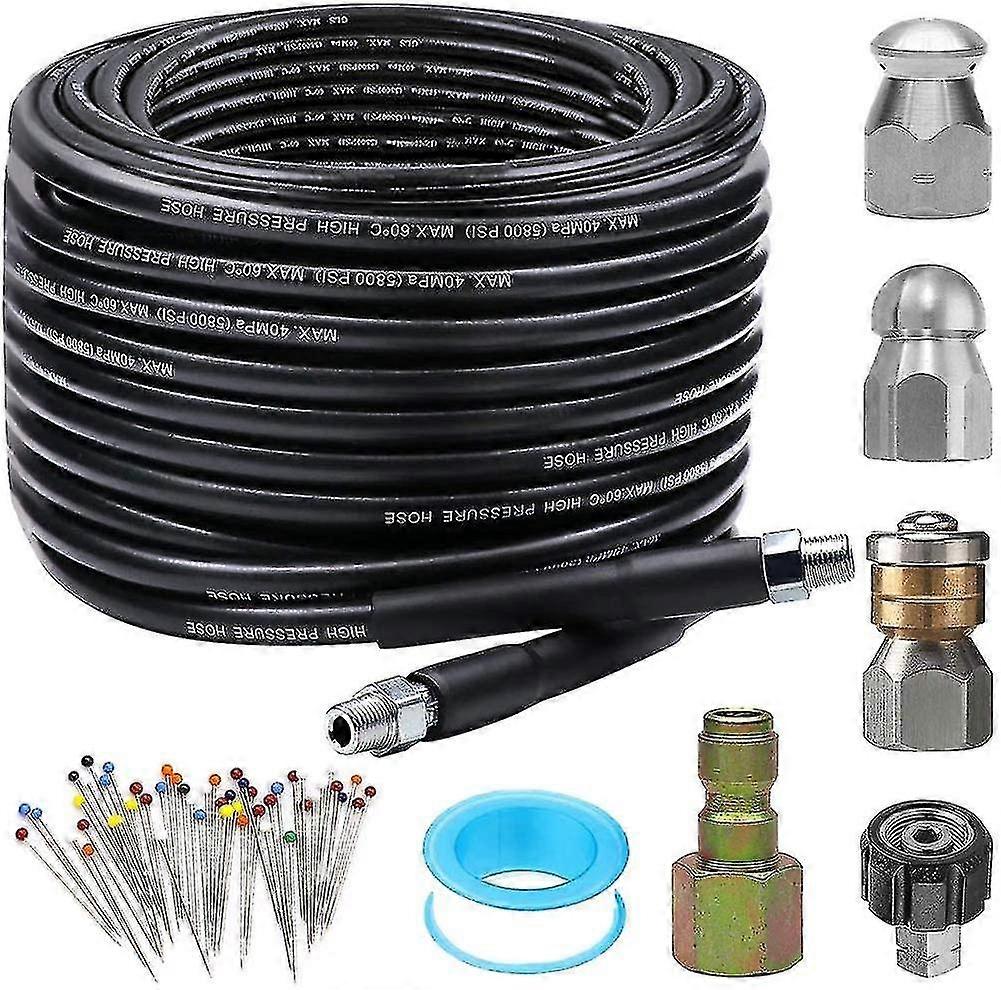 Sewer Jetter Kit For Pressure Washer 100 Ft, Newest 5800 Psi Drain Cleaner Hose 1/4 Inch Npt Corner, With 2 Spanner.
