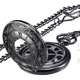 Vintage Roman Numerals Scale Quartz Pocket Watch With Chain, Black