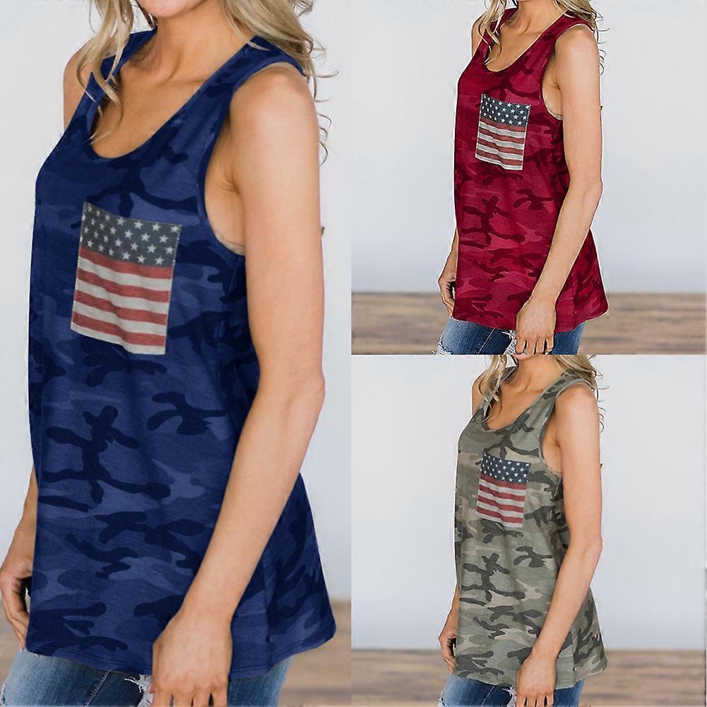Mulheres casuais camuflagem sem mangas colete solto em torno do pescoço Top com bolso (azul L)