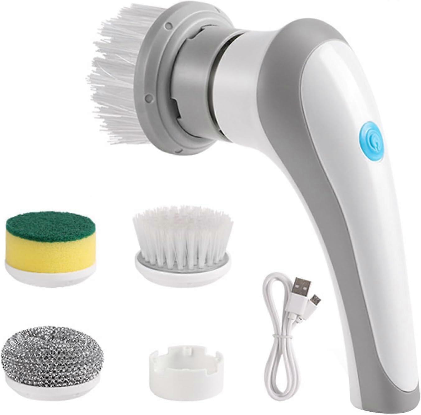 (White) Handheld Electric Spin Scrubber, 3 Replaceable Brush Heads