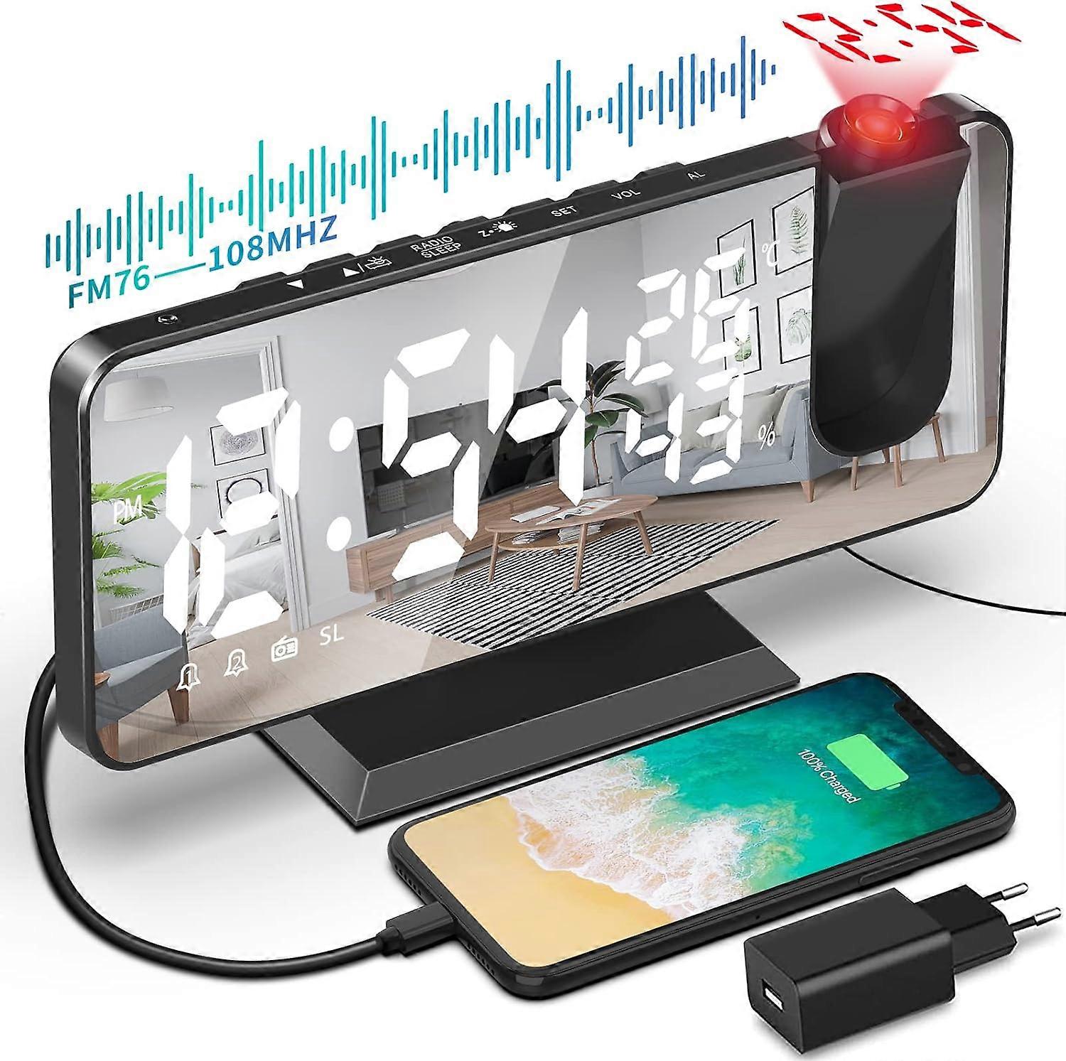 Projection Ceiling Radio Alarm Clock, Projection Alarm Clock with Radio, Dual Alarms with Snooze Function, Adjustable Brightness, Charging Port, Alar