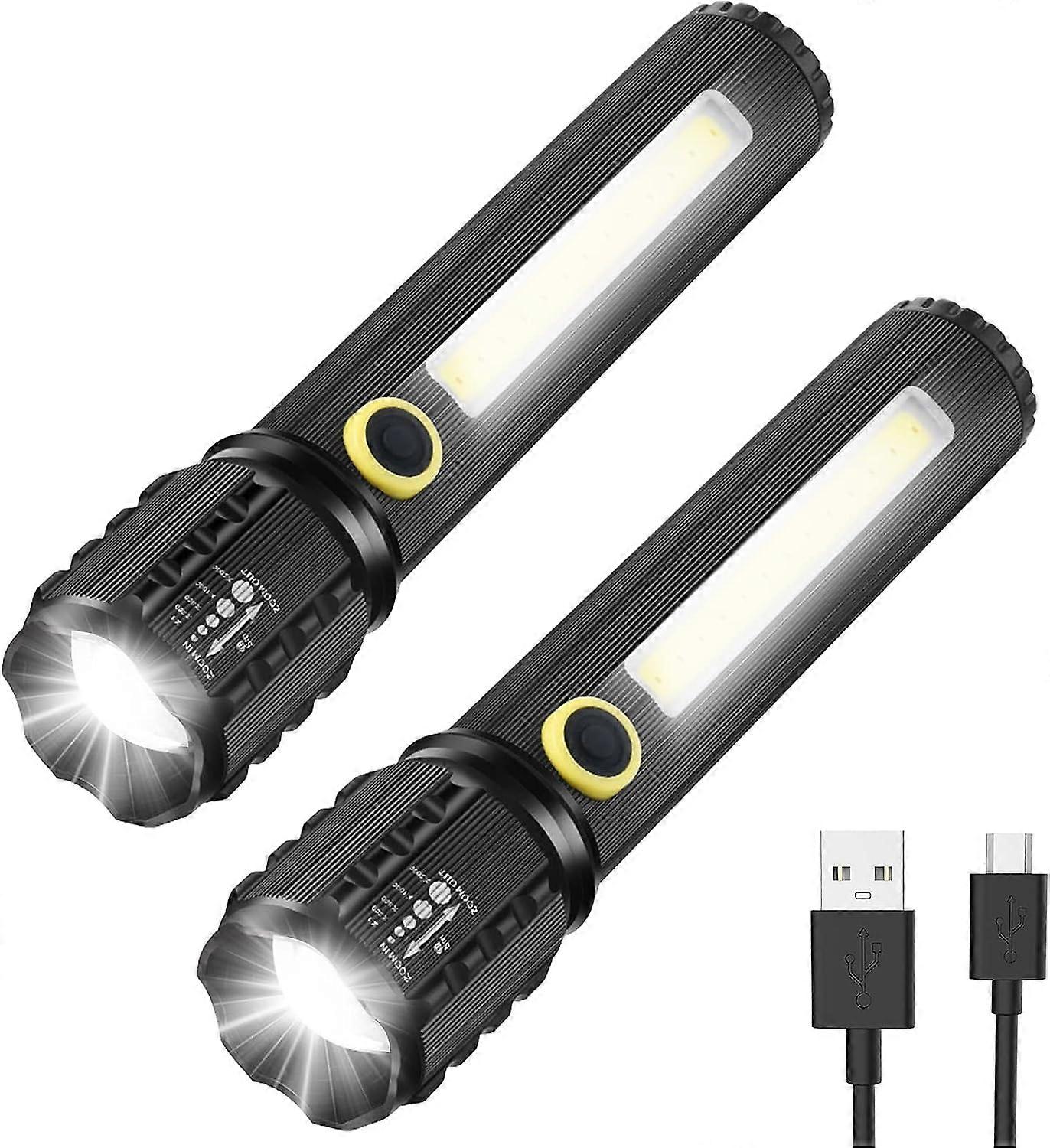 Tactical LED Flashlight, 2 Pack Portable Flashlight 3 Modes, Adjustable and Zoomable Bright Flashlights, Emergency Rechargeable LED Flashlight, 14cm B