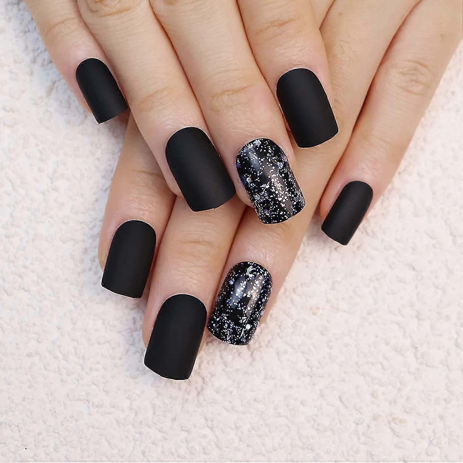 Schwarz Matte Square Press Auf Ngel, kurze Glitzer Fake Fingerngel, Full  Cover Squoval Falsche Ngel mit Kleber, 24pcs Falsche Ngel fr Frauen &  Mdchen Diy | Fruugo DE