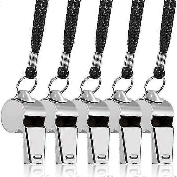 5-pack stainless steel whistles with string