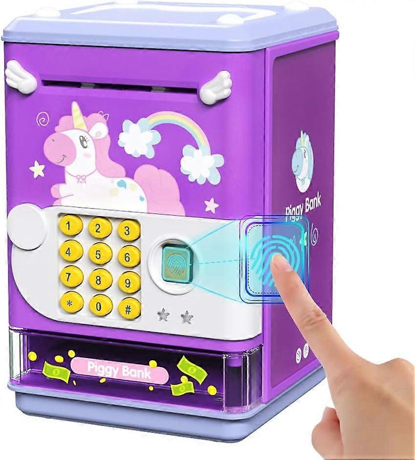 Dww Electronic Money Box - (Purple Rechargeable Version) Mini ATM with Simulated Unlocking by PIN Code and Fingerprint - Music Box for Children, Boys 