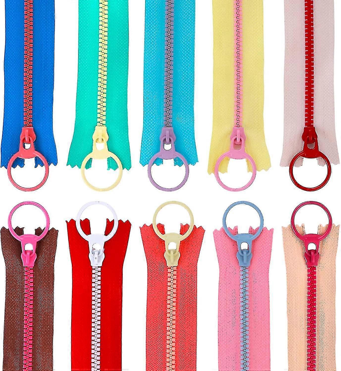 20pcs 25cm Nylon Resin Zippers, Sewing Zippers Ring Pulls 10 Assorted Colors Zipper