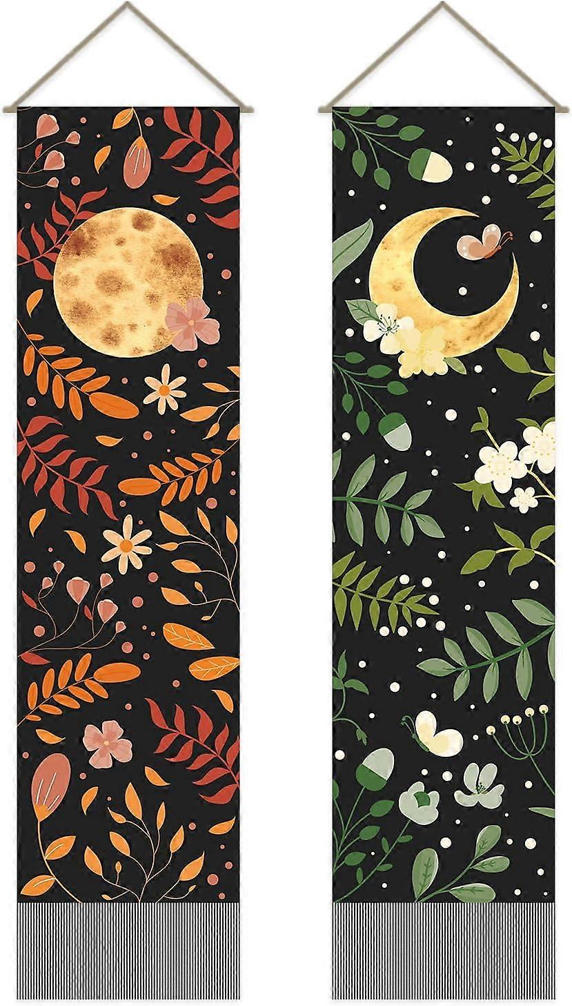 Moon & Sun Pattern Polyester Decorative Wall Tapestrys for Home Decoration with Wood Bar Rope Rectangle Leaf Pattern 1300x330mm 2pcs/set