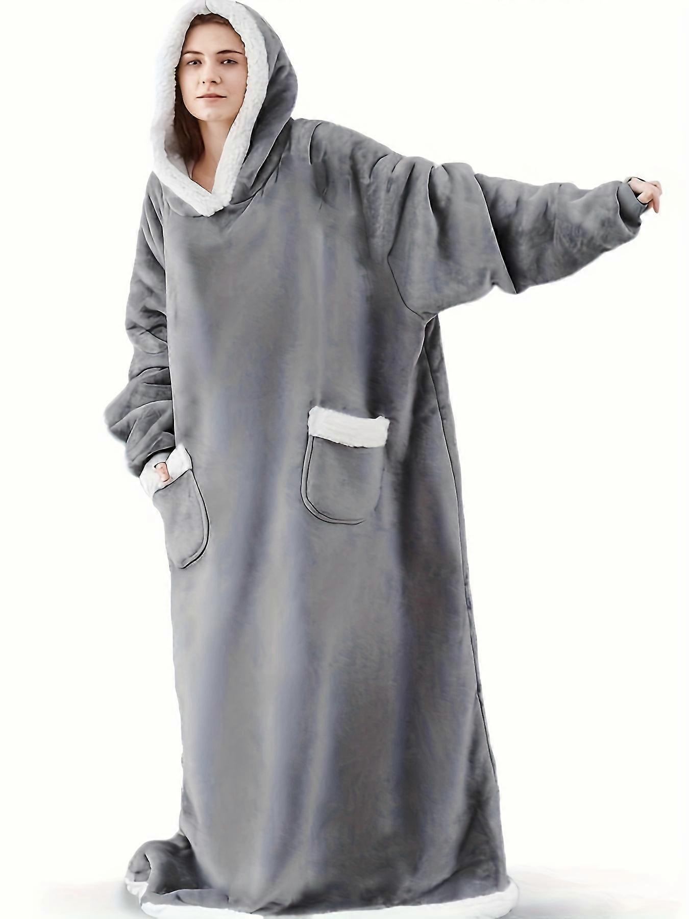 New style Plus Size Casual Loungewear Robe, Women's Plus Thickened Sherpa Fleece Warm Extra Long Oversized Wearable Blanket With Pockets