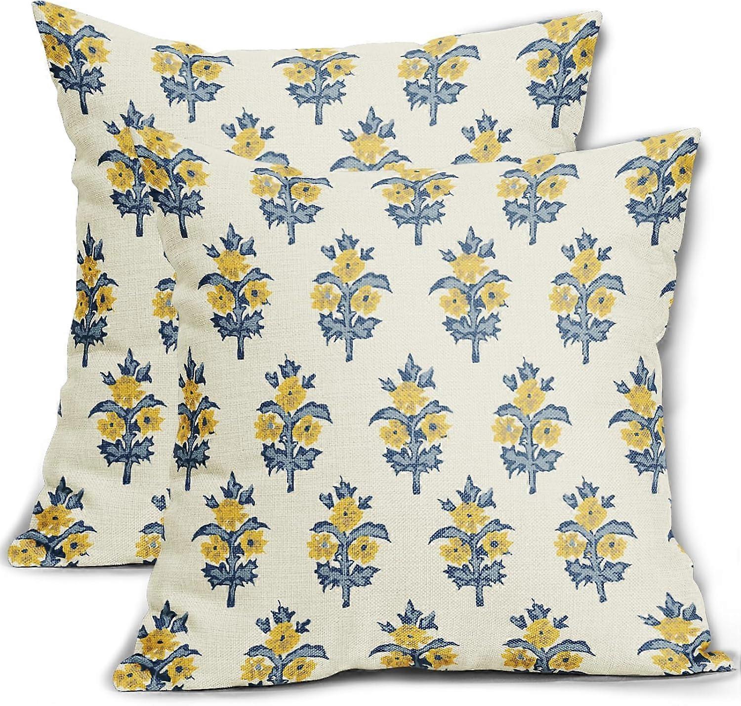 Bahar Çiçekli Yastık Kılıfları 20x20 Set of 2 Mavi Sarı Çiçek Yaprakları Baskı Dekoratif Atma Yastık Kılıfları Dış Mekan Çiftlik Dekorasyonu Koltuk Kanepe B için