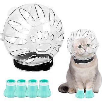Cat Muzzle and Cat Paw Boots: Adjustable Breathable Cat Helmet, Cat Bubble Helmet Hood Kitten Anti Bite Muzzle and 4 Silicone Cat Paw Covers,Cat Muzzl
