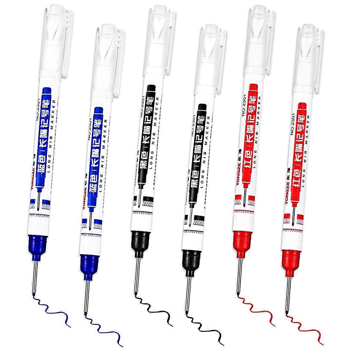 6 Pcs Multi-Purpose Deep Hole Marker Pens Long Deep Nib Markers 20mm Long- Drill Markers Quick Dry Carpenter Pens