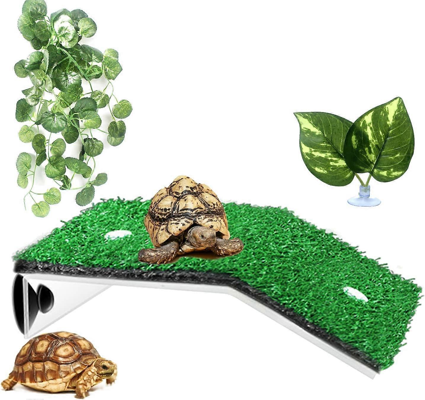 Turtle Platform, Reptile Ramp Artificial Grass Floating Platform, Semi-Aquatic Habitat Basking Climbing Platform with Suction Cups