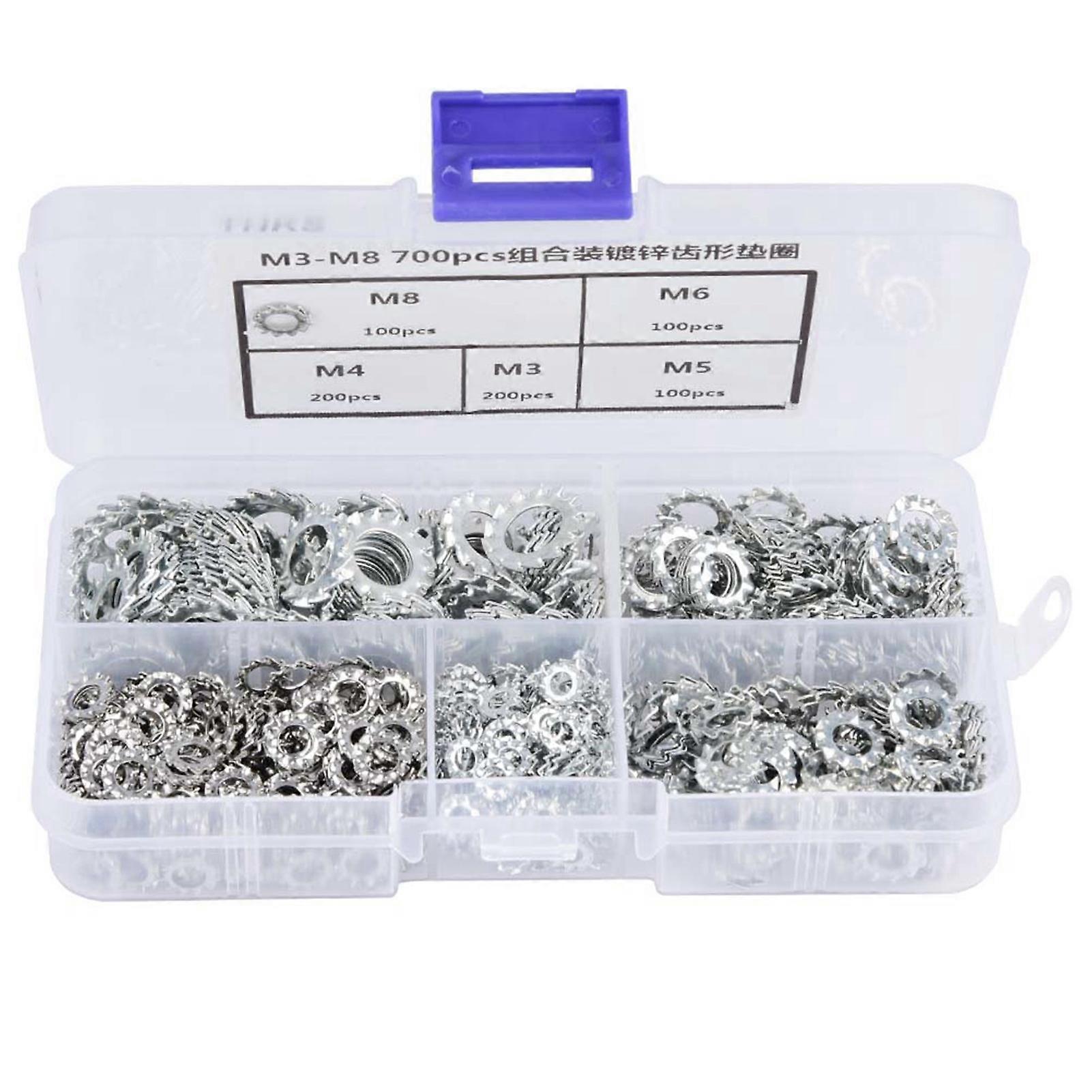 Risegun Lock Washers 700pcs Galvanized Serrated Toothed Lock Washer Flat Set, M3/M4/M5/M6/M8 Fastening Tool, Heavy-Duty Washer Assortment for
