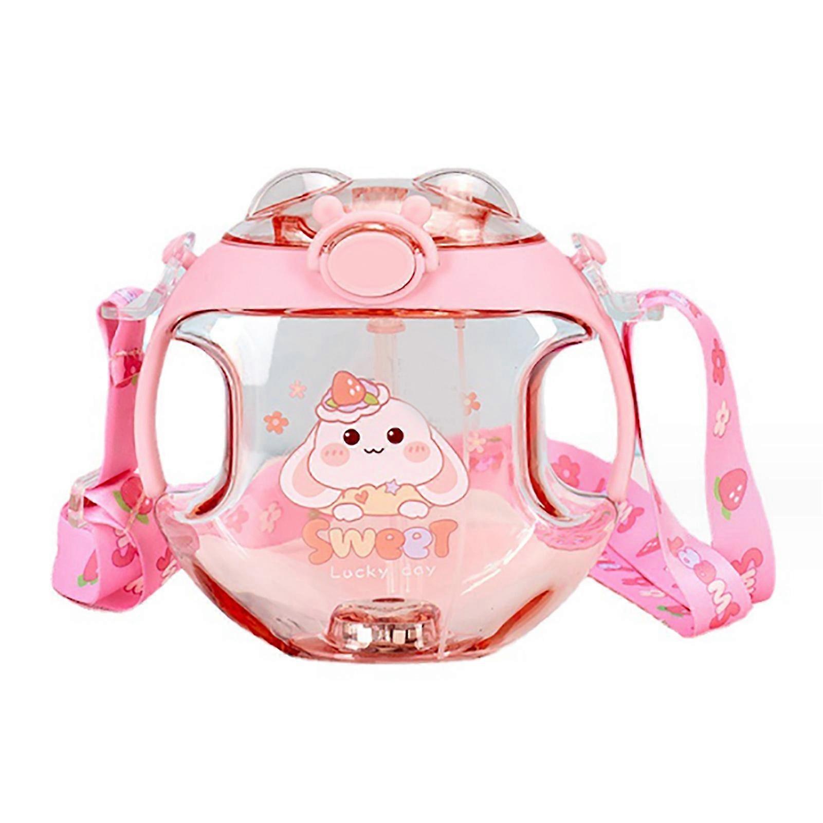 Gobelet à eau pour enfants de 450 ml avec poignée et cordon, paille en plastique, fonction vaporisateur, motif dessin animé, rose