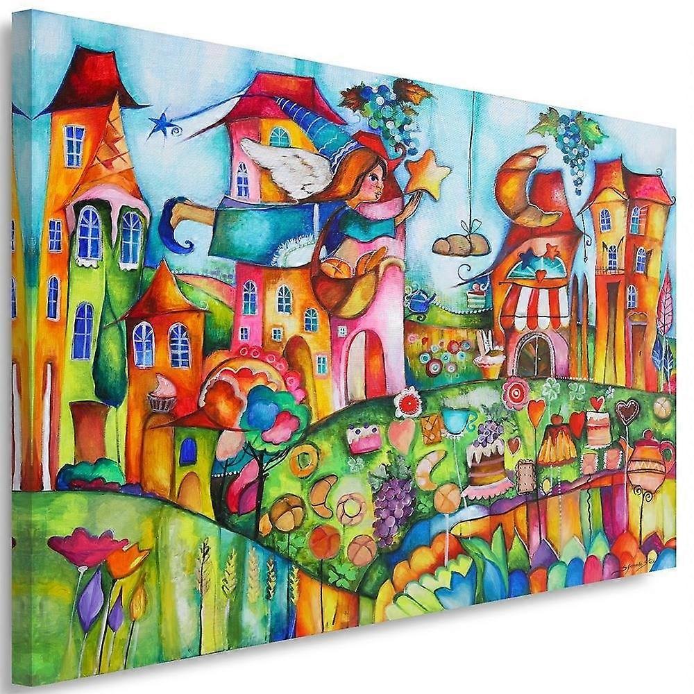Lienzo, Hada en una ciudad colorida - 60x40