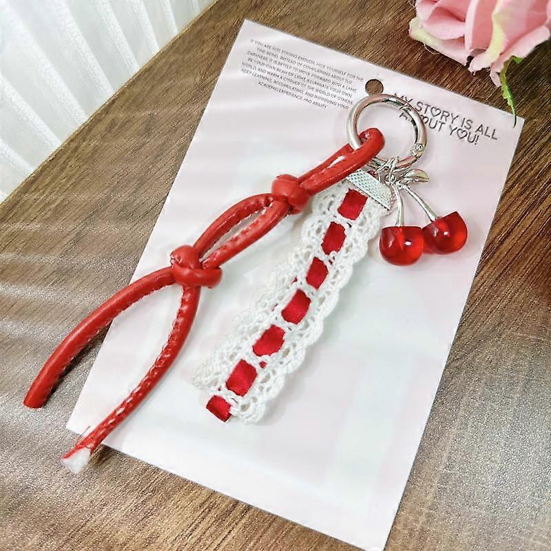 1 Piece Y2K Leather Rope Red And Black Cherry Ribbon Bag Key Chain Charm Pendant Women Trendy Weaving Rope Keychain Jewelry