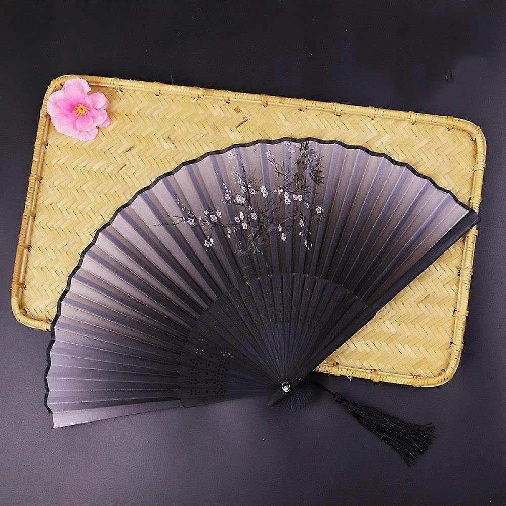 Folding Fan Handheld, Dark Grey Silk Elegant Fans Plum Bossom with Tassel