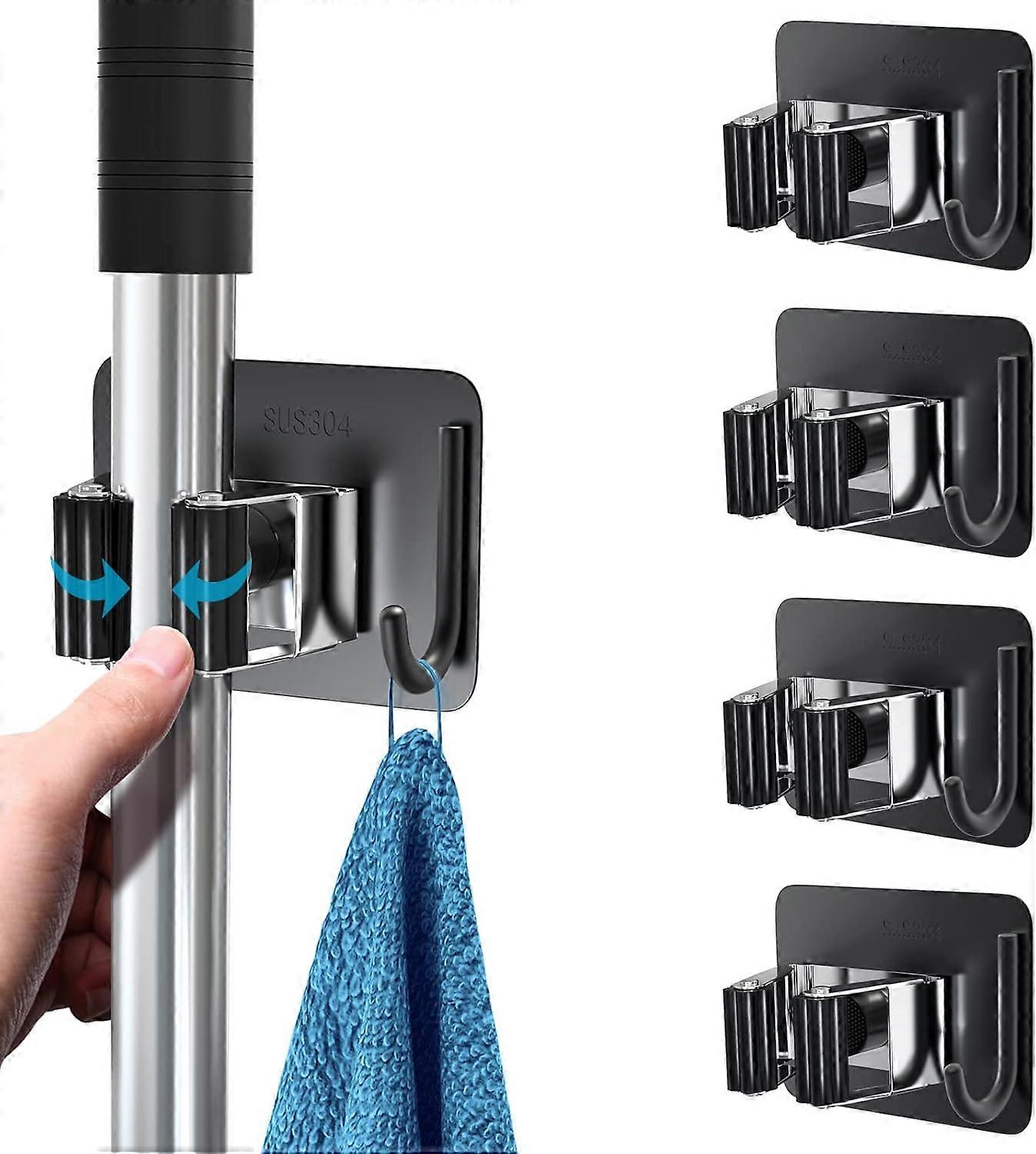 4 stk Moppeholder i rustfrit stål, selvklæbende med kroge til køkken badeværelse have sort