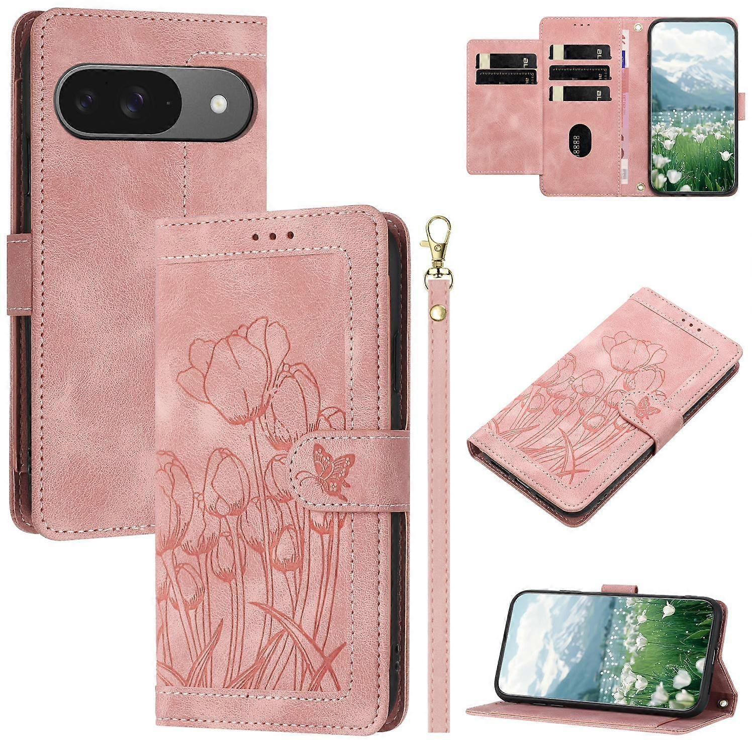 Tulips Embossed Leather Phone Case with Lanyard