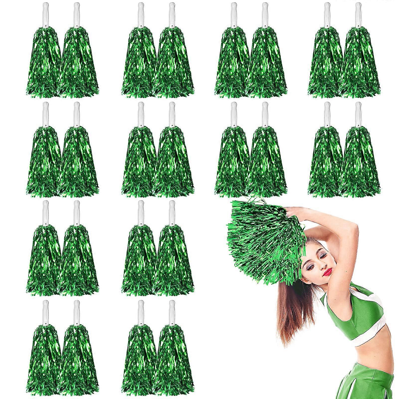 Pack of 24 Metallic Cheerleading Pompoms for , Cheerleader Pom Poms with Baton Handle, Green