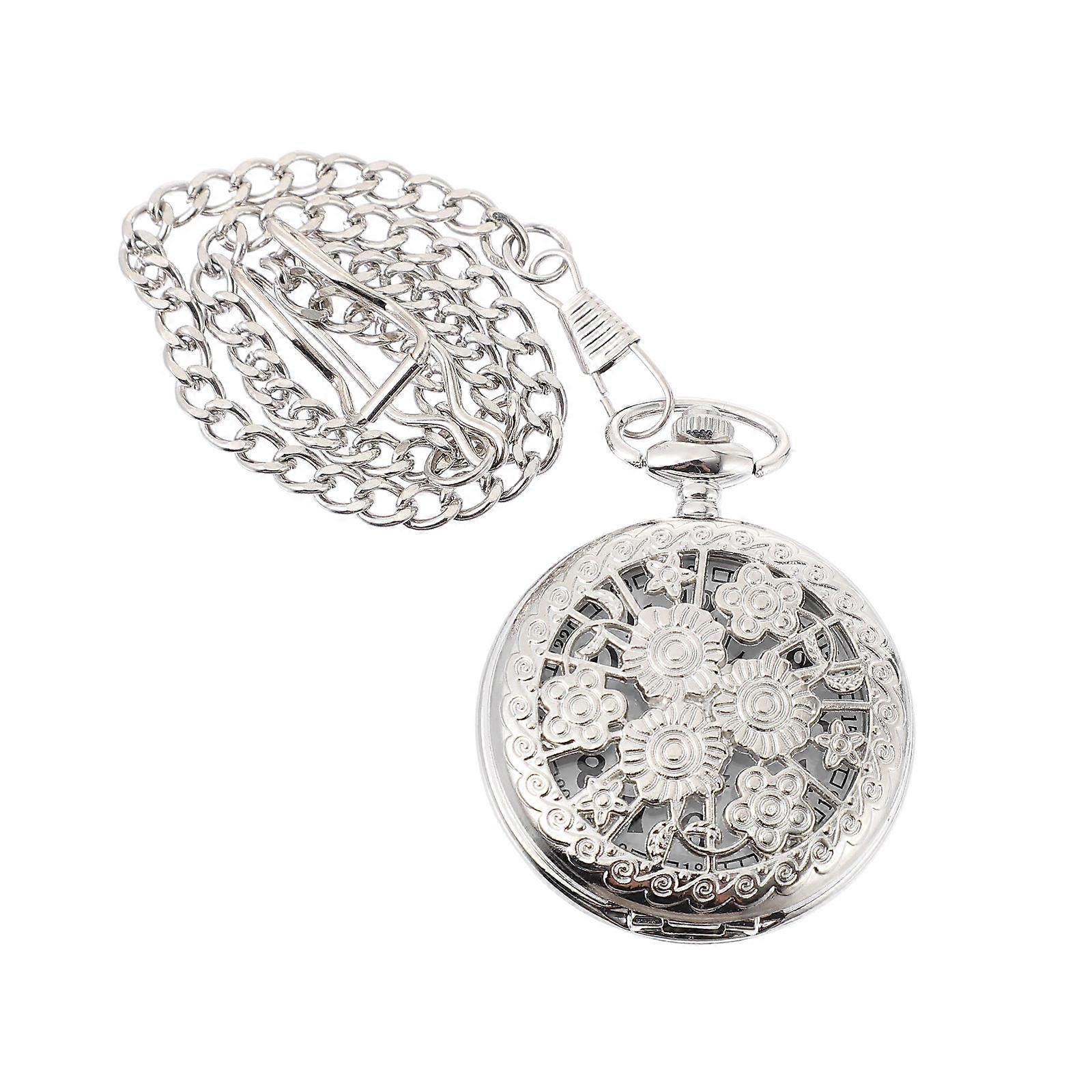 Embossed Flower Pocket Watch Silver 1Pcs Quartz with Dust-Protected Dial for Watching Time