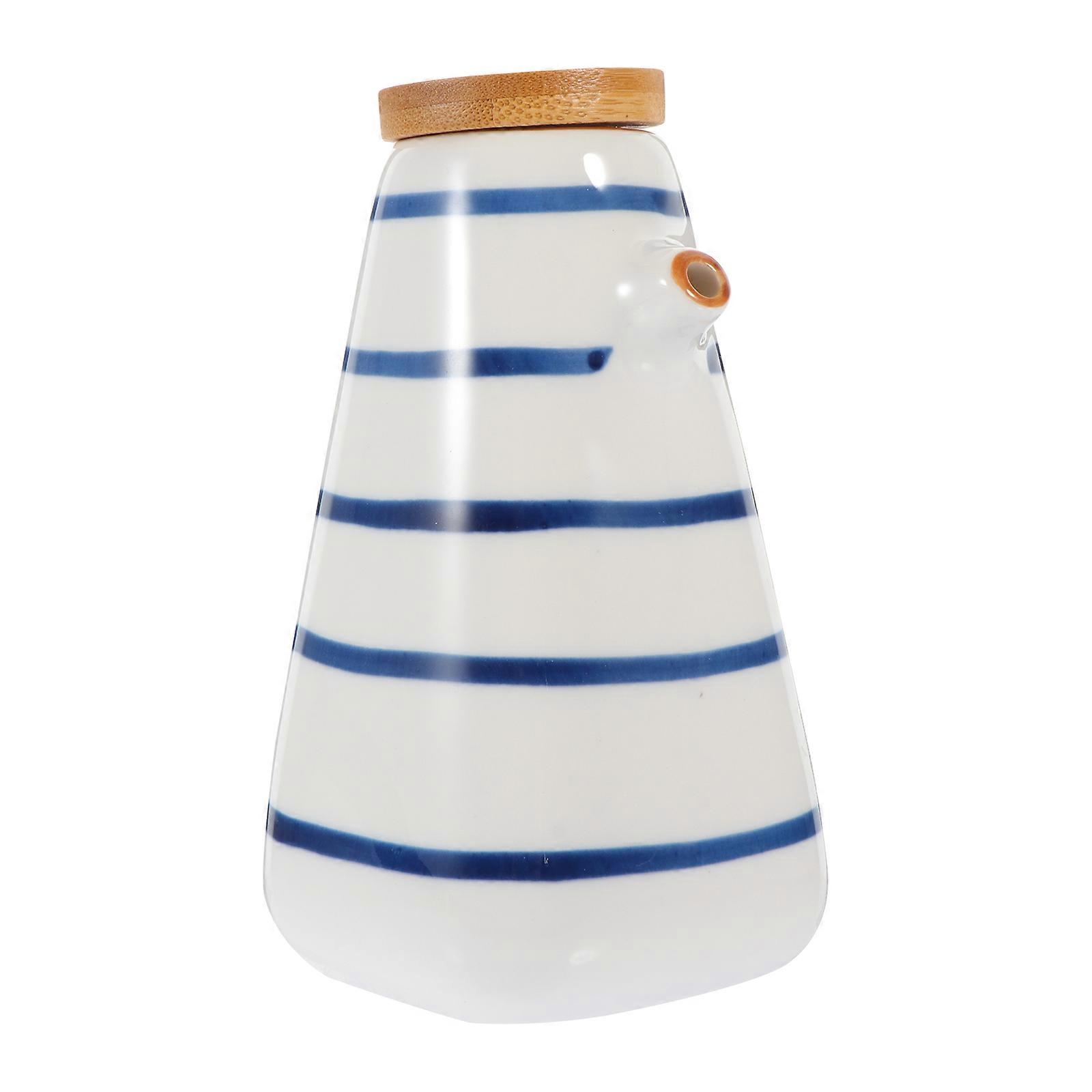 Japanese Style Ceramic Sauce Pot with Bamboo Lid Lidded Condiment Jar for Kitchen, Easy Refill and Clean, Oil Container for Liquid Seasonings