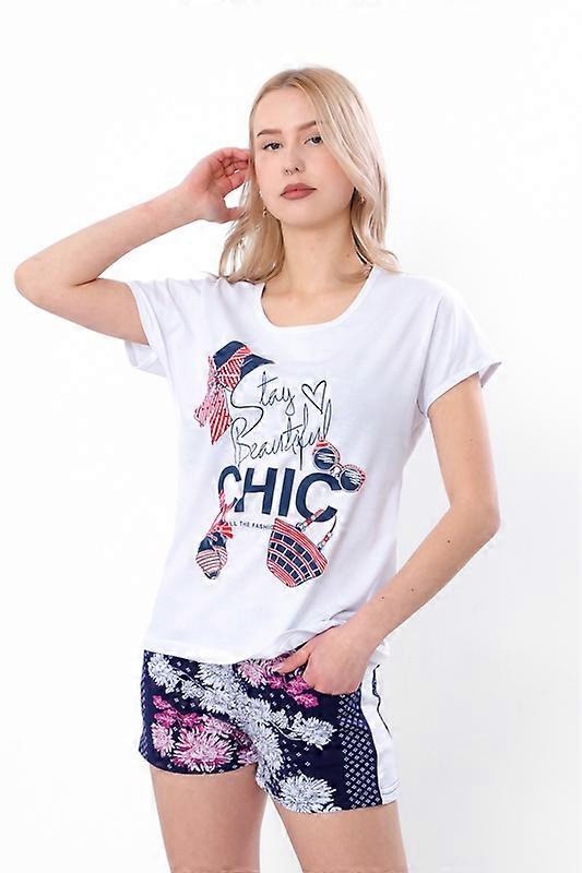 Damen-Pyjama-Set (T-Shirt + Shorts) – weicher Strick & fröhlicher Print, Sommer, HC 8072-002-33