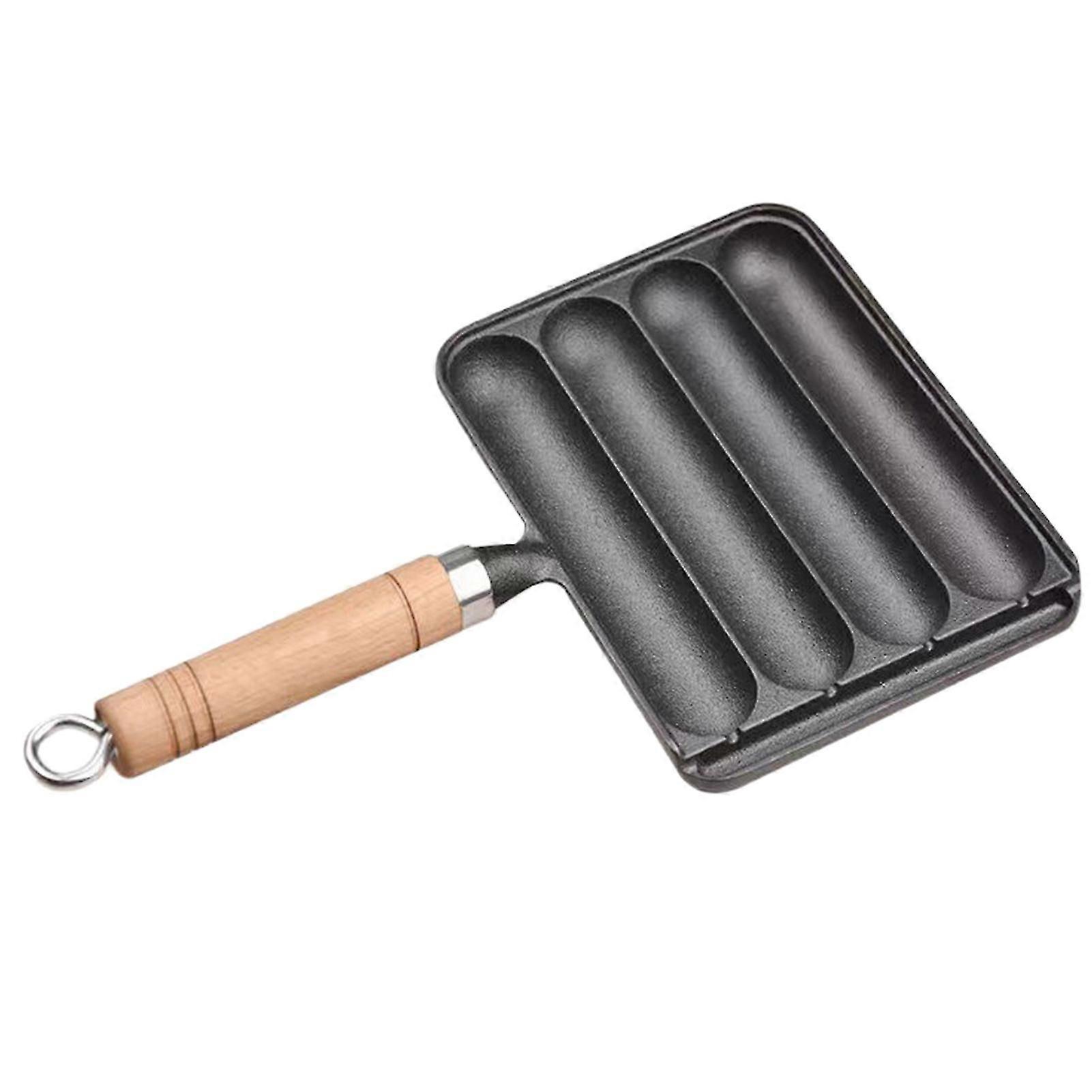 2025 Latest Model Cast Iron Sausage Pan with Anti-Scald Wooden Handle Non-Stick