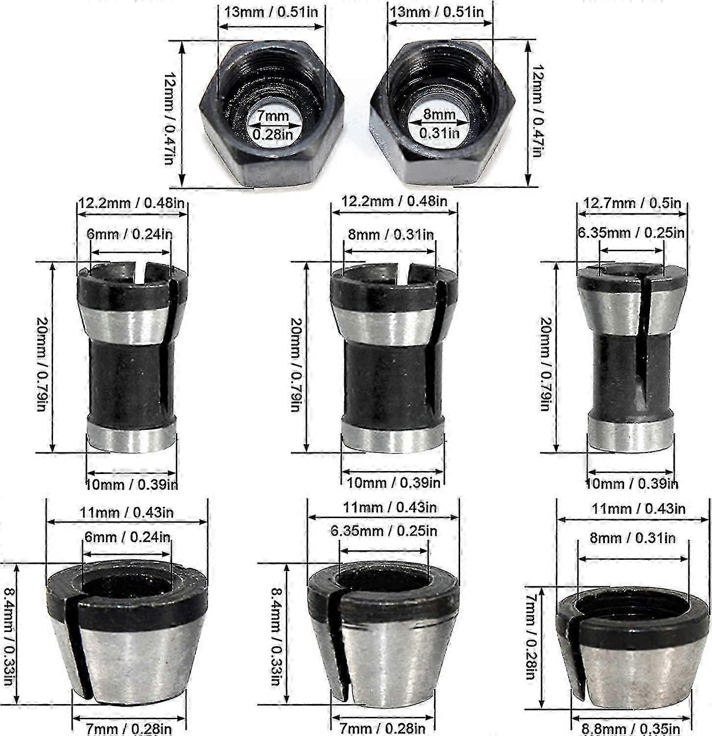8pcs 6.35/8mm Router Collet Chuck, Wood Router Cutter Chuck Collet Router Head Adapter Converter For Engraving Machines Cutters Cutters