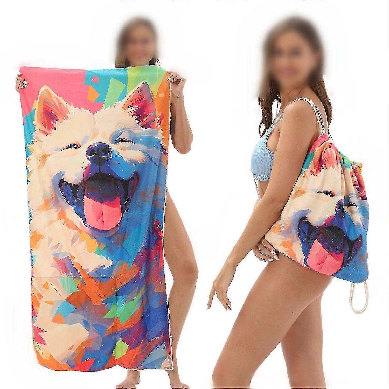 2-in-1 Foldable Beach Towel Printed Bath Towel Integrated Beach Towel Bag for Storage
