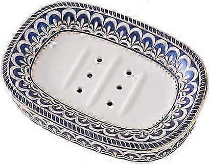 Self Draining Soap Dish, Double-layer Bar Soap Tray, White Ceramic Soap Dish with Elegant Patterns