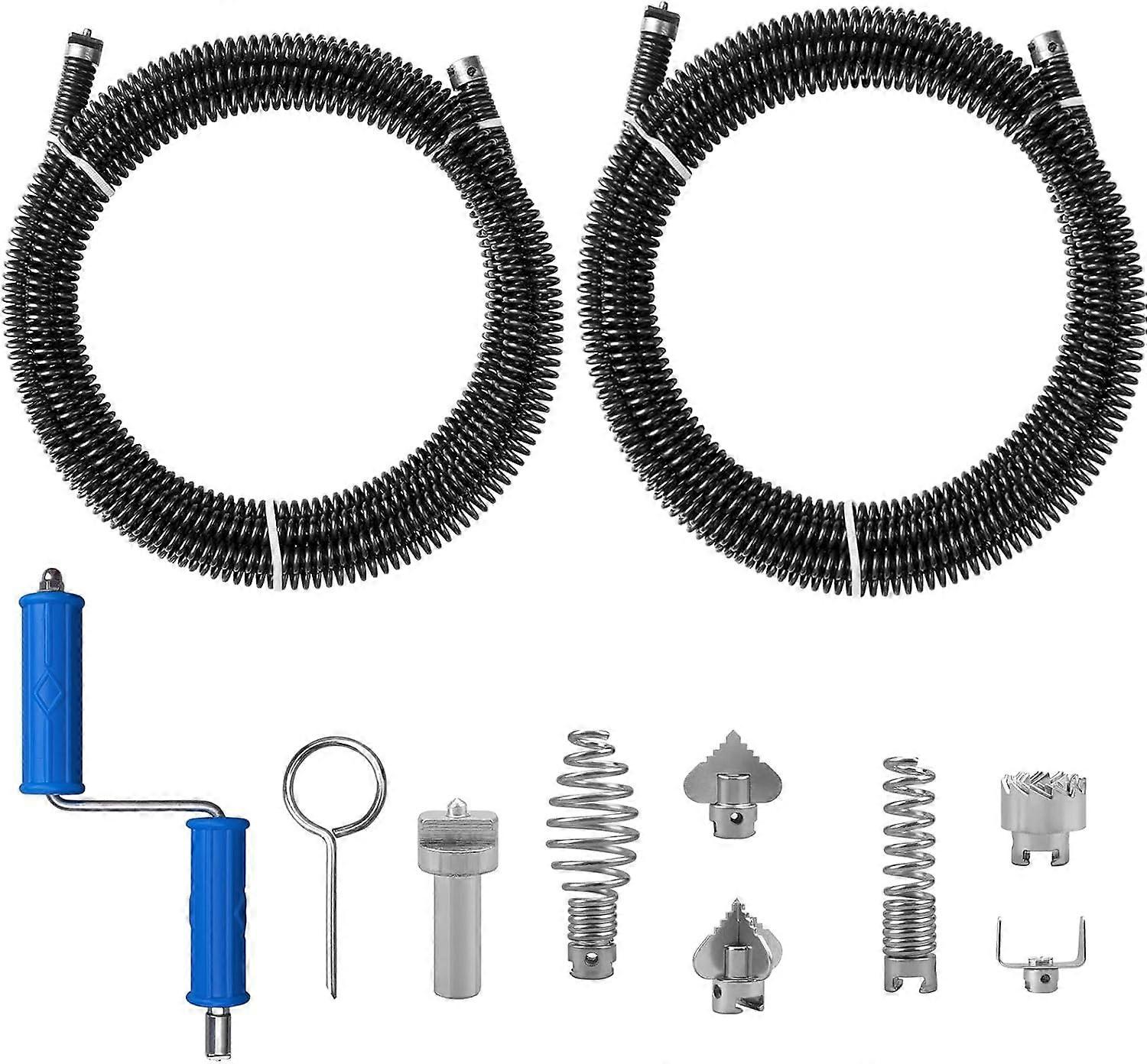 Pipe Cleaning Spiral 3m - Pack of 2 Manual Drain Cleaners, Hand Crank Tool for Clogged Pipes and Toilets, Blue