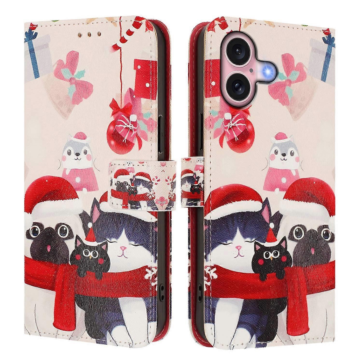 For iPhone 16 Wallet Case Christmas Pattern Printing Leather Phone Cover with Lanyard