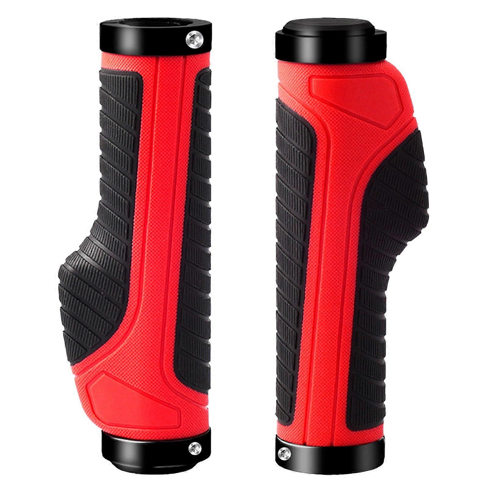 Bike Handlebar Grips Ergonomic Non-Slip Rubber 22.2mm Universal Aluminum Double-Lock MTB BMX Red With Allen Wrench