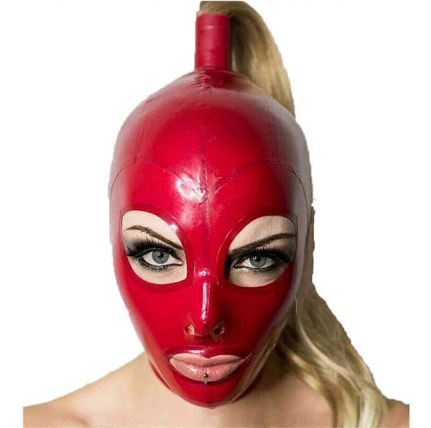 Cagoule en latex rouge avec perruque dorée, masque facial en latex pour cosplay, soirées, clubs - Taille L