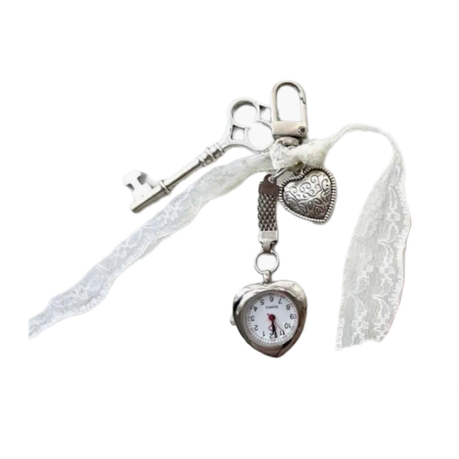 Retro Alloy Heart Keychain Featuring Working Pocket Watch Elegant Decorative Accessory  White