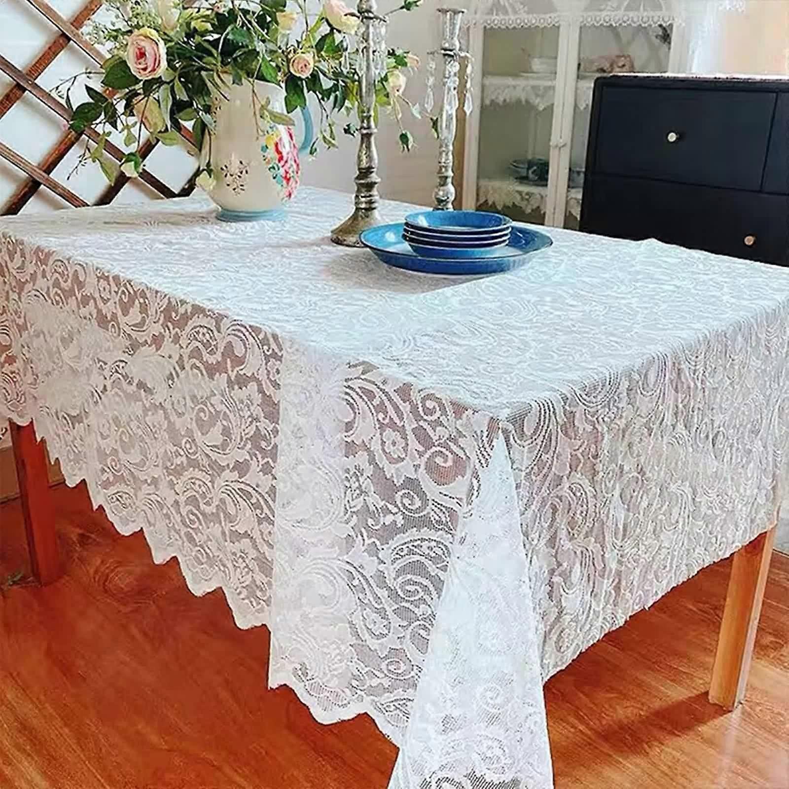 Rectangular Tablecloth White 140 x 220 cm, Polyester Lace, Floral Design, YearRound Table Cover