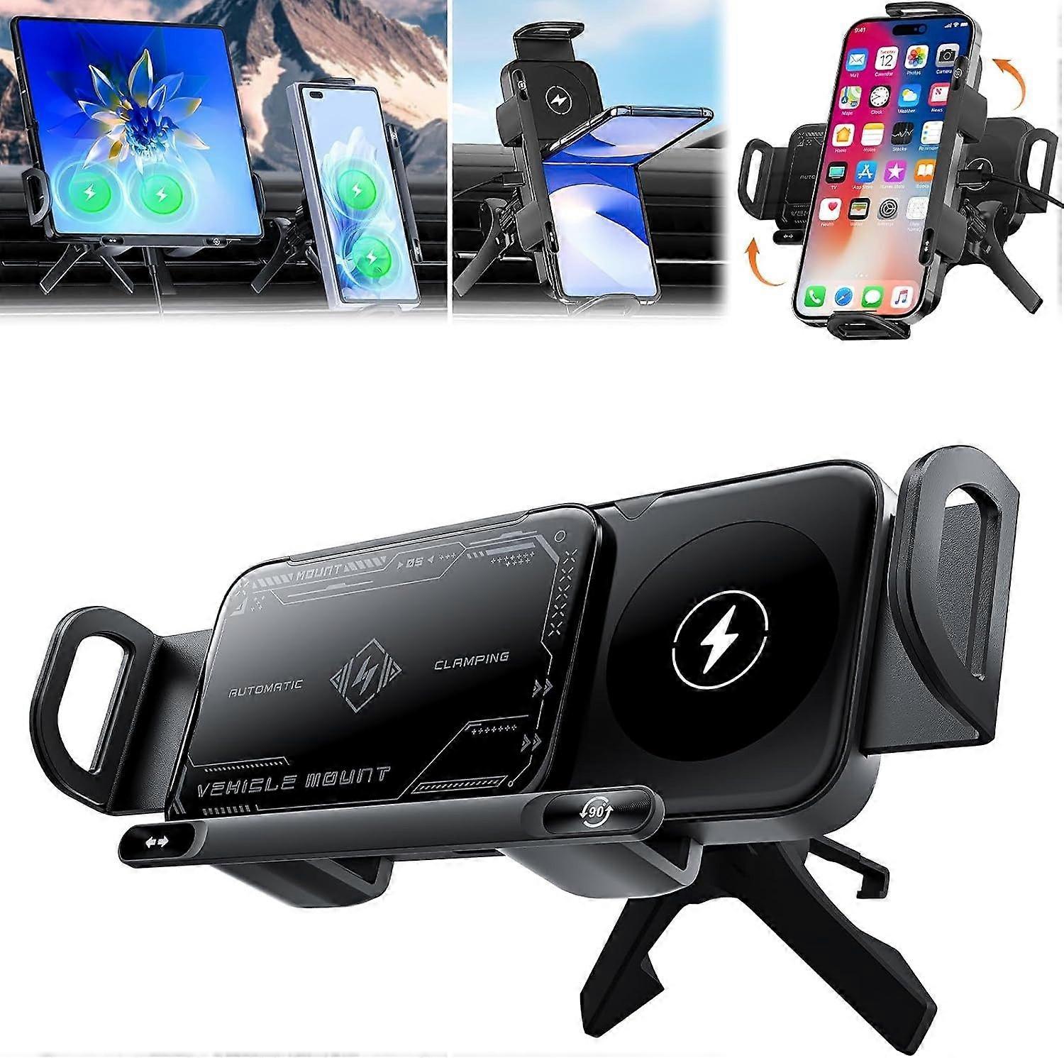 2-in-1 Auto-Rotating Phone Holder, Fast Charging Car Vent Mount, One-Touch for Smartphones/Pad/Foldable Phone(Black)