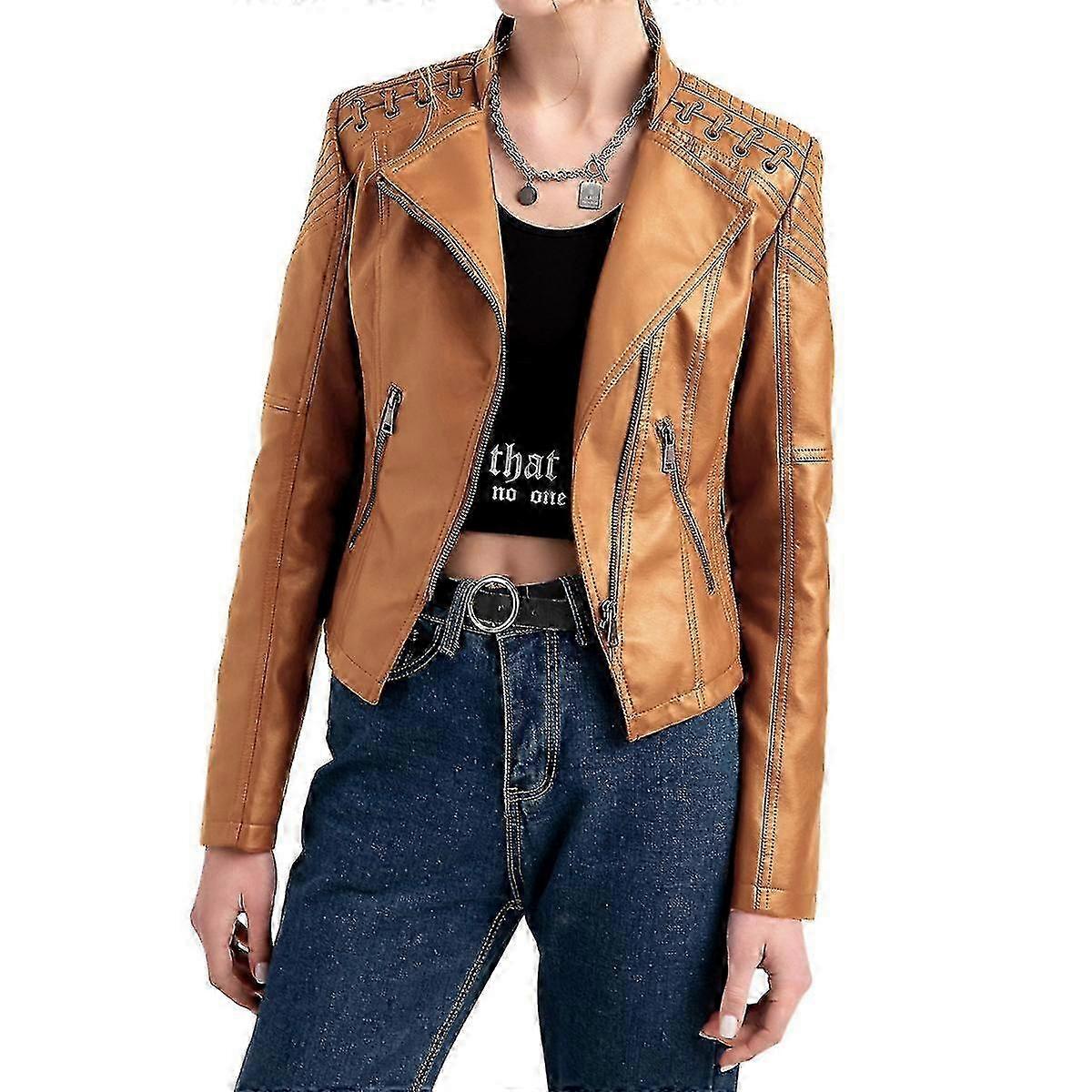 Womens Slim Fit Lapel Collar Motorcycle Cropped Leather Jacket 2025